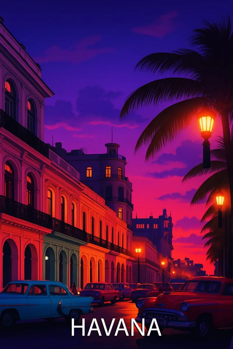 havana skyline vector painting poster con marco de madera de adzkiya