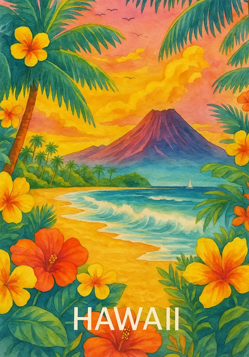Ilustrazione pittorica della città delle Hawaii poster con telaio in plastica da Allghaniz