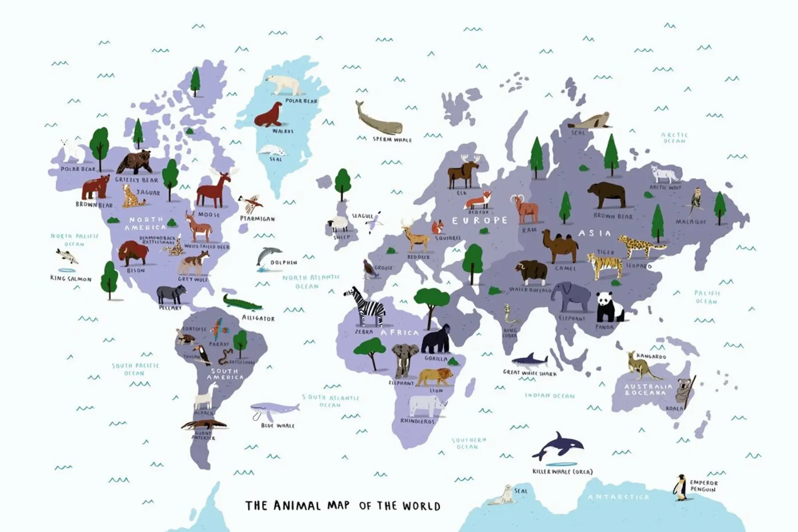 Dieren Wereldkaart Print canvas met Baklijst van Alex Foster