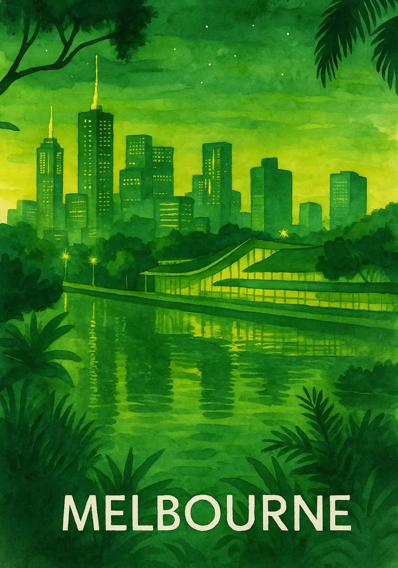 ilustrazione pittorica della città di melbourne poster con telaio in alluminio da Allghaniz