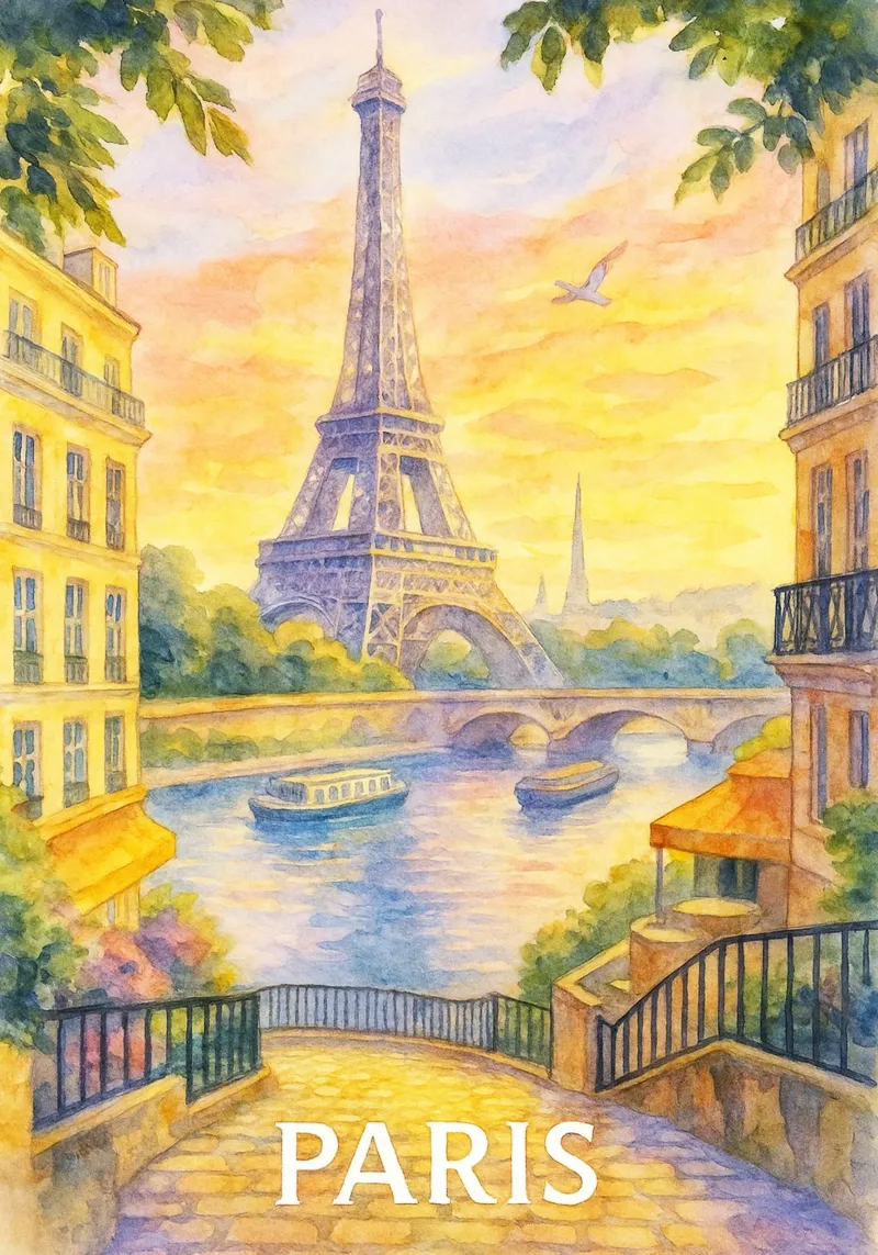 Parigi città pittura ilustrazione poster con telaio in alluminio da Allghaniz