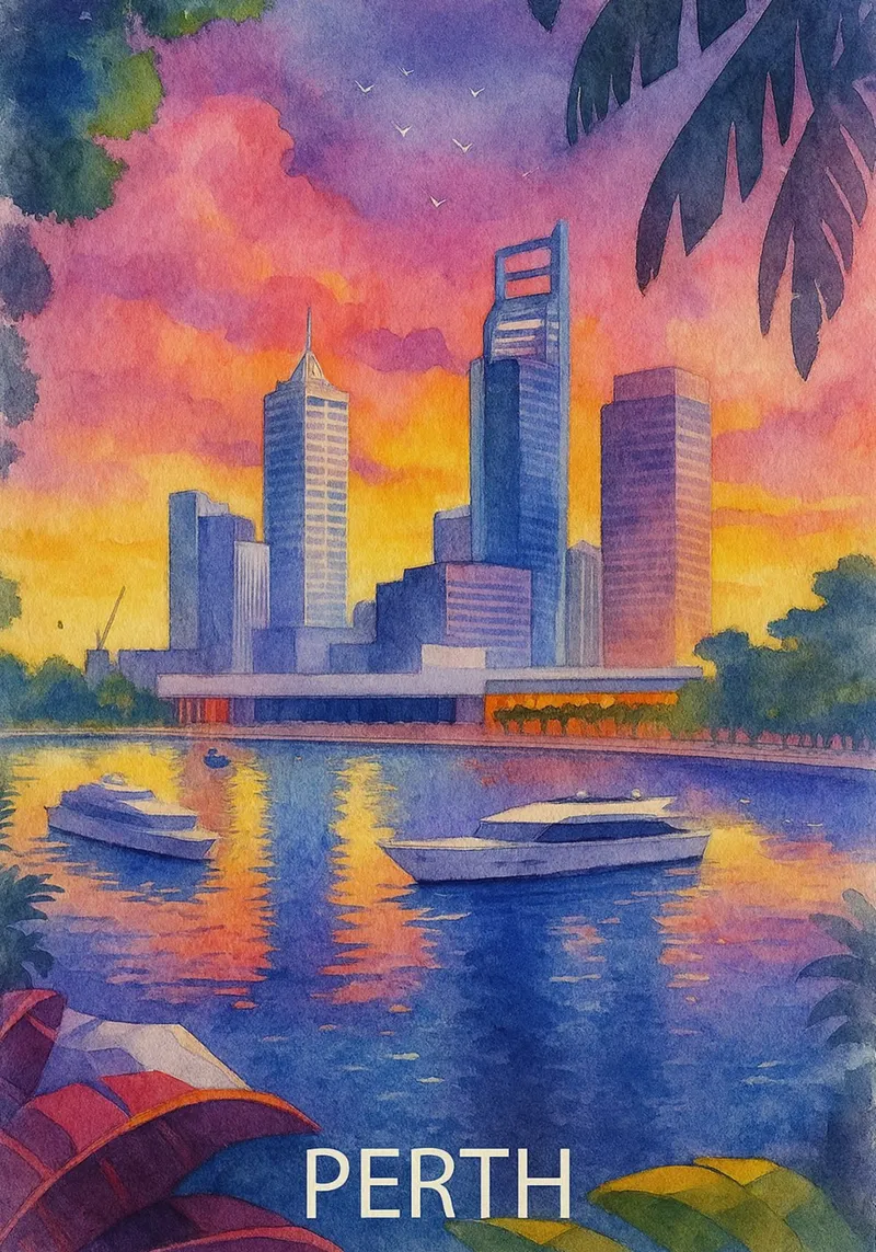 ilustrazione pittorica della città di perth poster con telaio in alluminio da Allghaniz