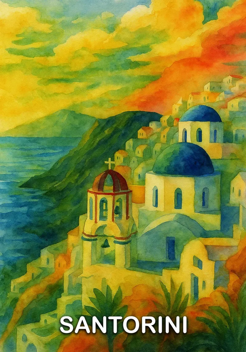 Santorini città dipinto ilustrazione carta hahnemühle da Allghaniz