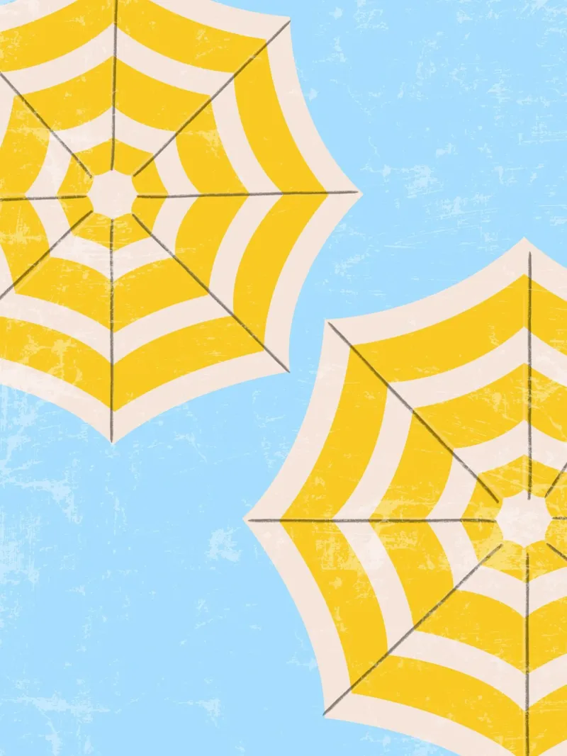 Ombrellone da spiaggia retrò in giallo e blu Illustrazione estiva plexiglass da pdigitalprints