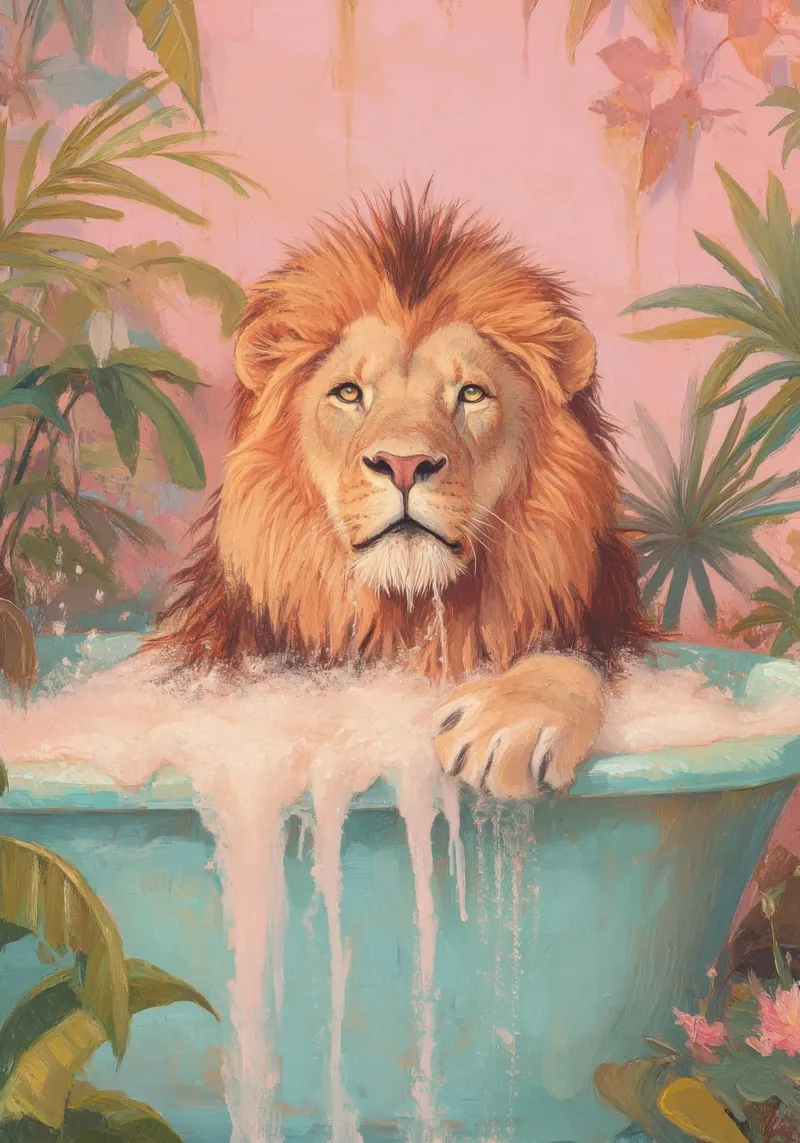 Leone nella vasca da bagno pastello con schiuma di sapone alluminio dibond da Nikis Art Studio