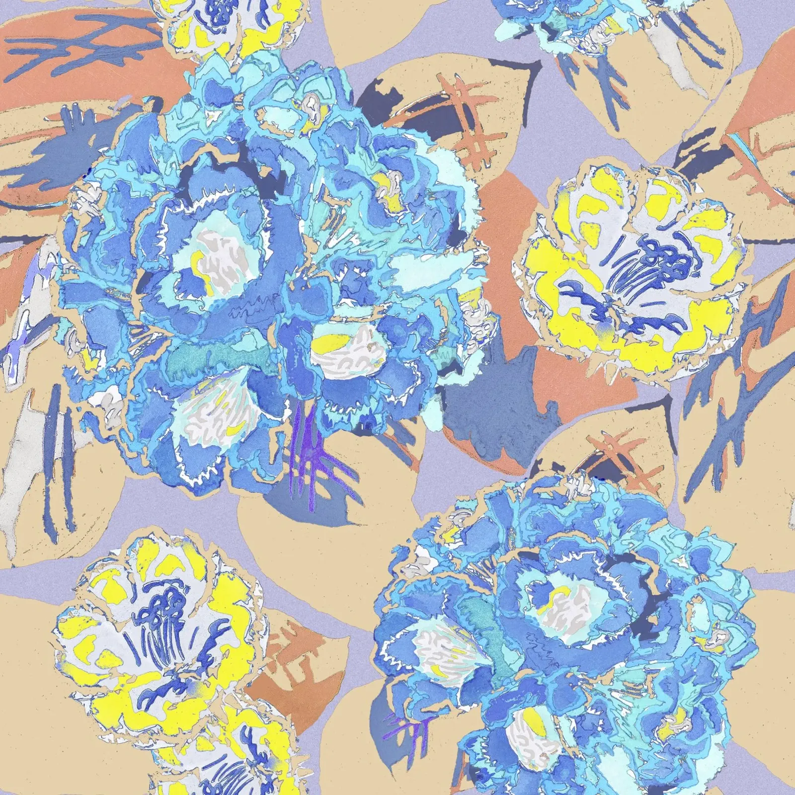 Levendig Blauw & Geel Bloemenpatroon - Abstracte Moderne Kunst hahnemühle van NorwesClub