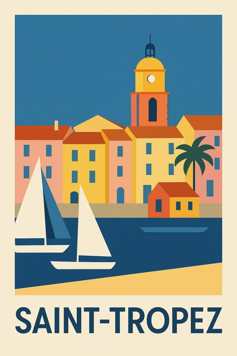 Saint-Tropez cromatica - l'icona della Costa Azzurra poster con telaio in legno da JETLAG | affiches voyage
