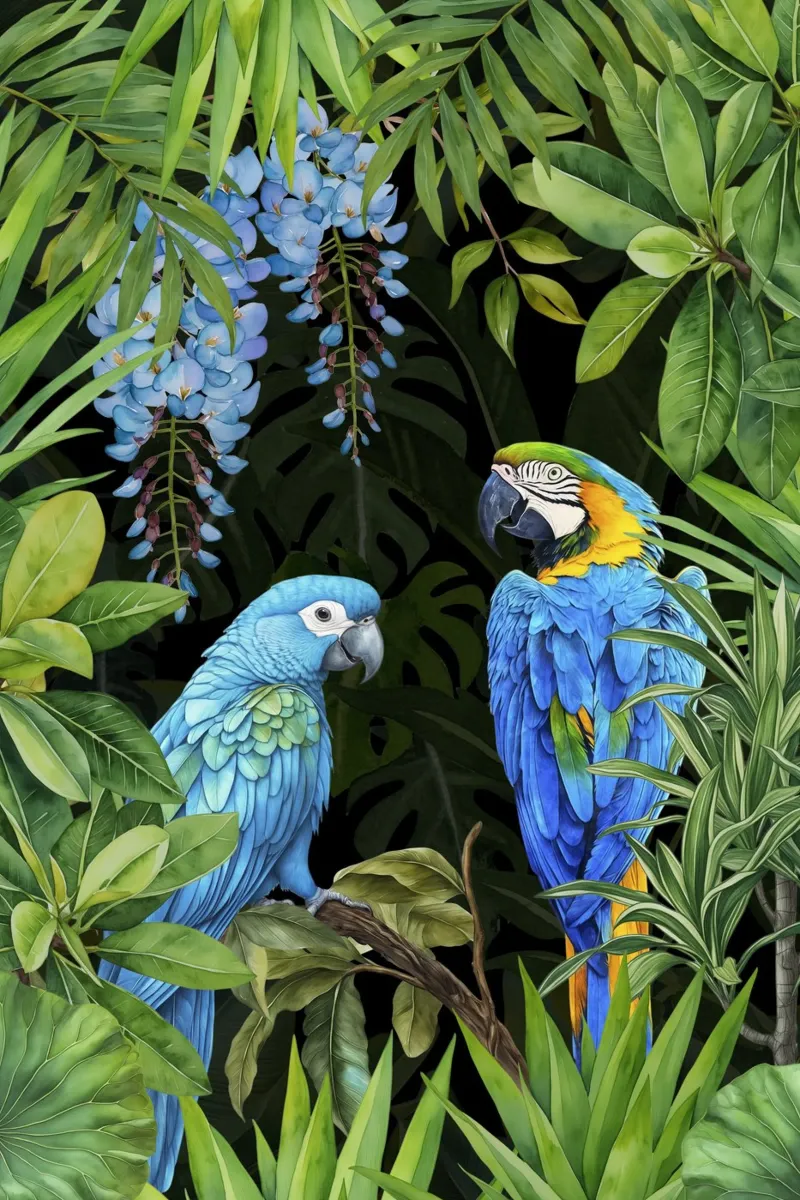 Acquerello blu tropicale Pappagalli nel baldacchino poster con telaio in alluminio da Andrea Haase Modern Home