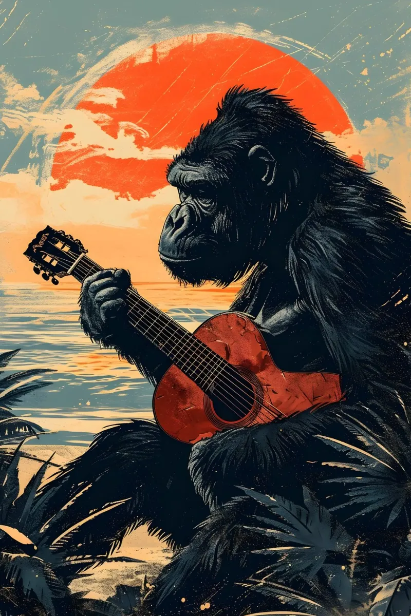 Gorilla spielt Gitarre am Strand pellicola backlit da WILD ART