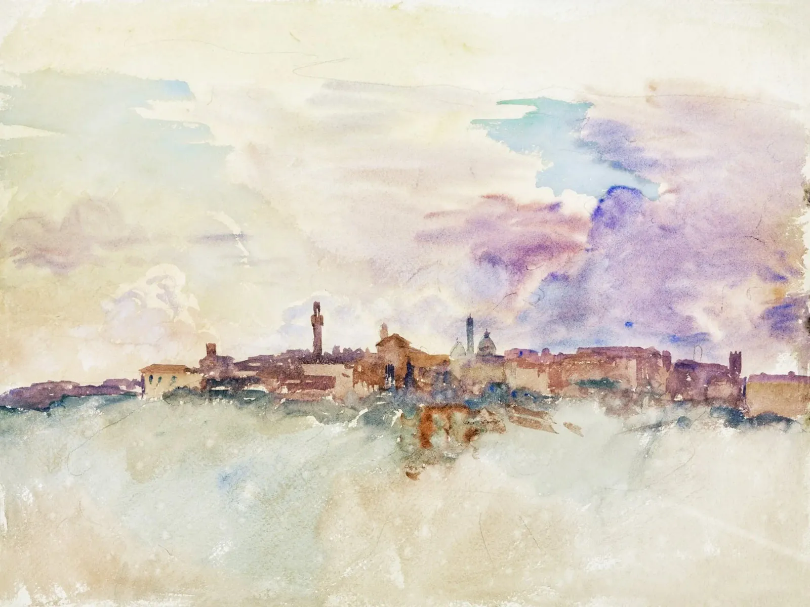Dageraad in de Toscaanse heuvels - Impressionistisch aquarel stadsgezicht canvas met Baklijst van NorwesClub