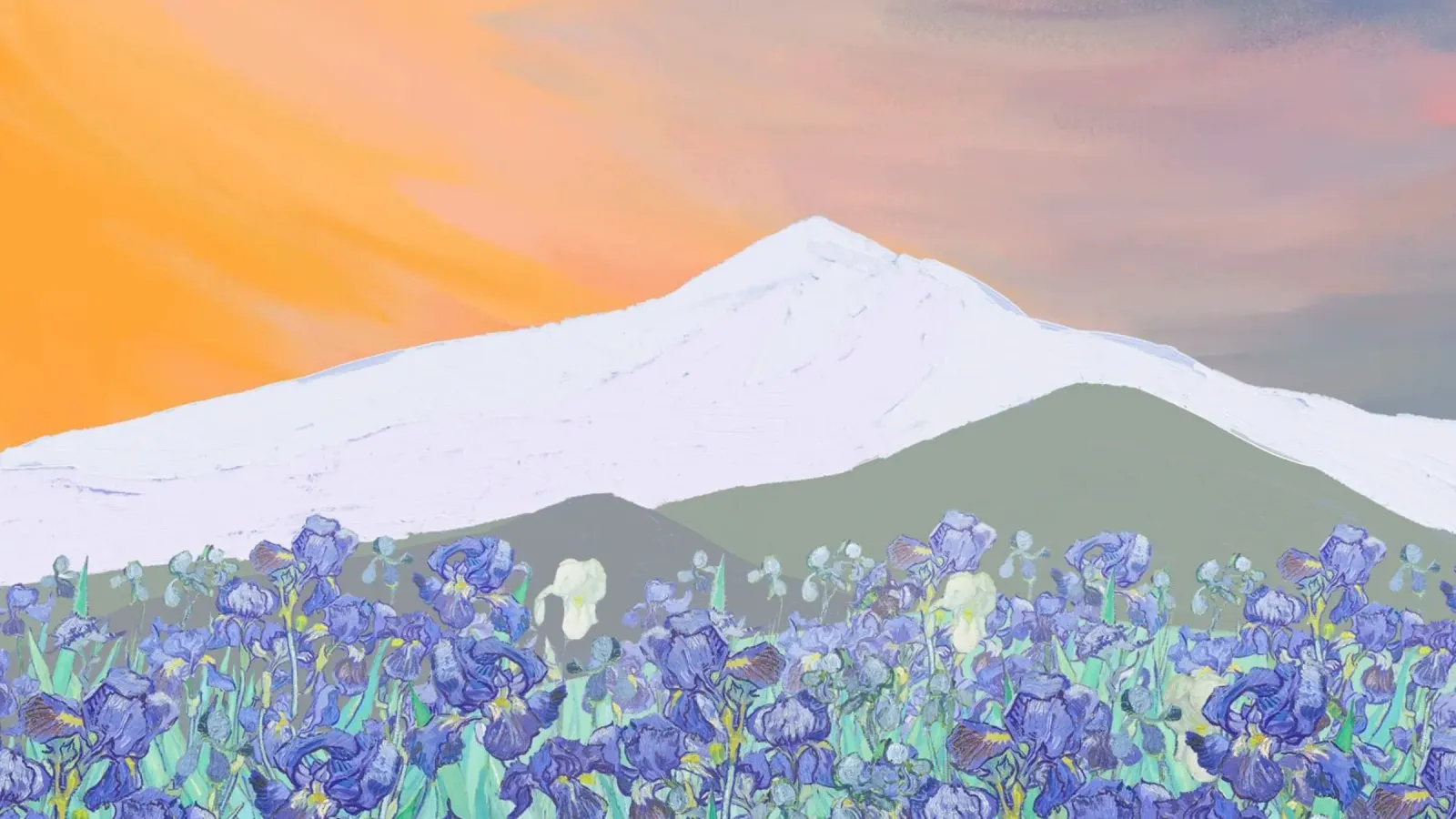 Irisveld & bergen met zonsondergang - Impressionistische landschapskunst poster van NorwesClub