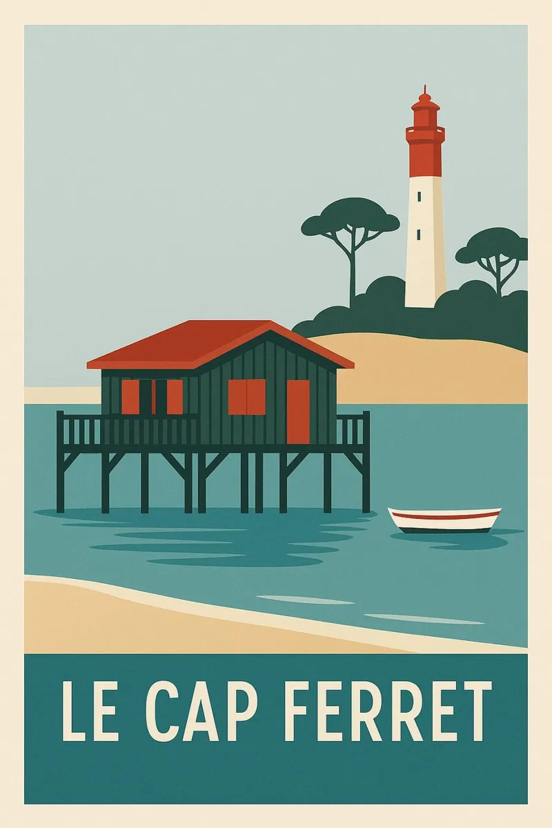 Cap Ferret - capanna su palafitte e iconico faro carta hahnemühle da JETLAG | affiches voyage