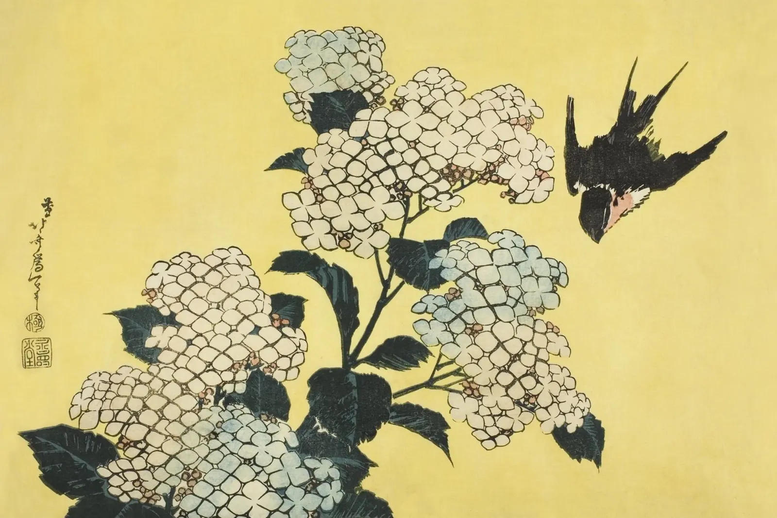 Utagawa Hiroshige Hydrangeas & Swallow - Ukiyo-e Japanese Ar canvas met Baklijst van NorwesClub