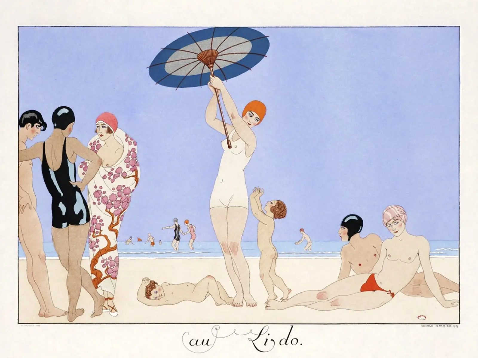 George Barbier's Au Lido - Art Deco Strandmode Print canvas met Baklijst van NorwesClub