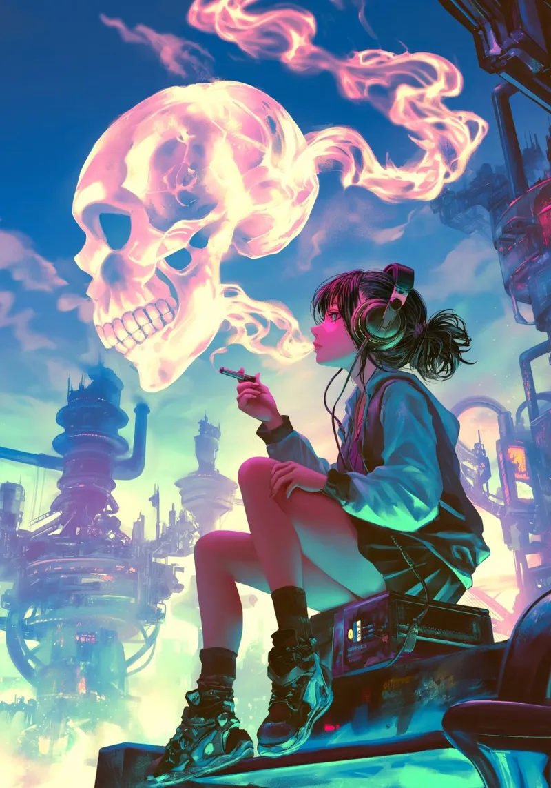 Ragazza Anime Cyberpunk che fuma carta hahnemühle da Fleur de Lys