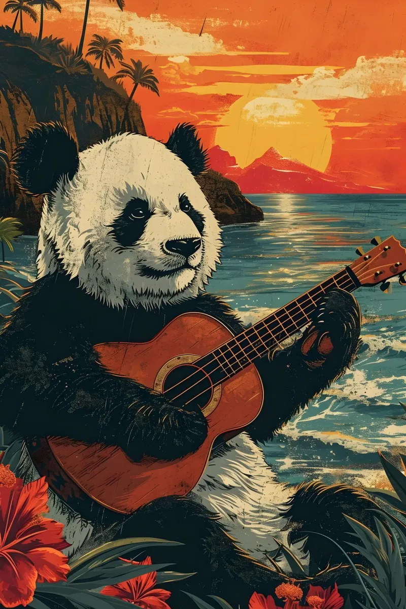Panda spielt Gitarre am Strand carta hahnemühle da WILD ART