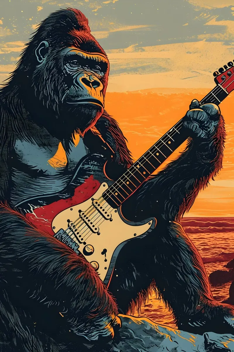 Gorilla spielt E-Gitarre am Strand pellicola backlit da WILD ART