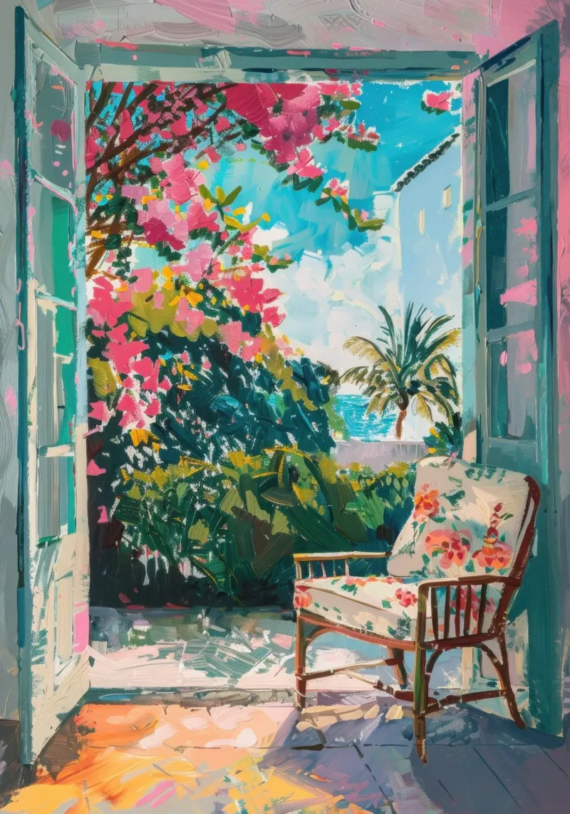 Exotic garden view through open door canvas by Nikis Art Studio