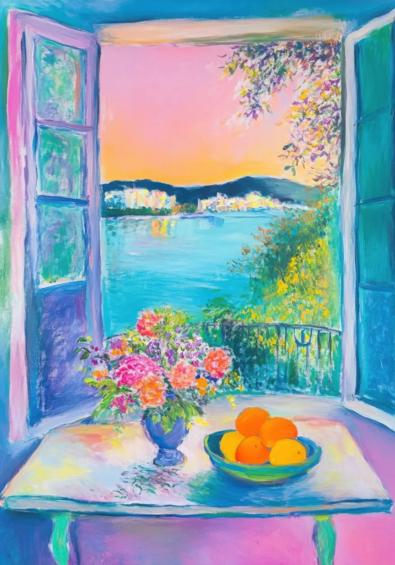 Vue estivale sur la mer avec des fleurs et des oranges hahnemühle de Nikis Art Studio