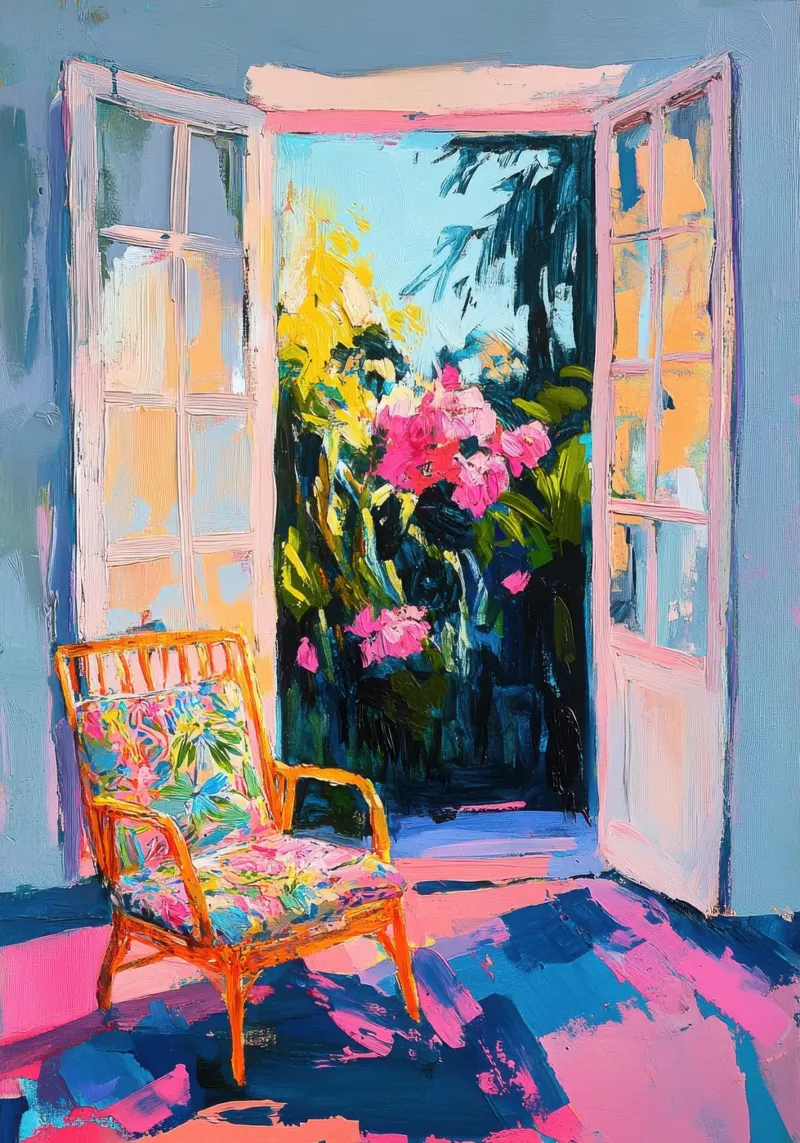 Porta aperta con giardino fiorito in primavera poster con telaio in legno da Nikis Art Studio