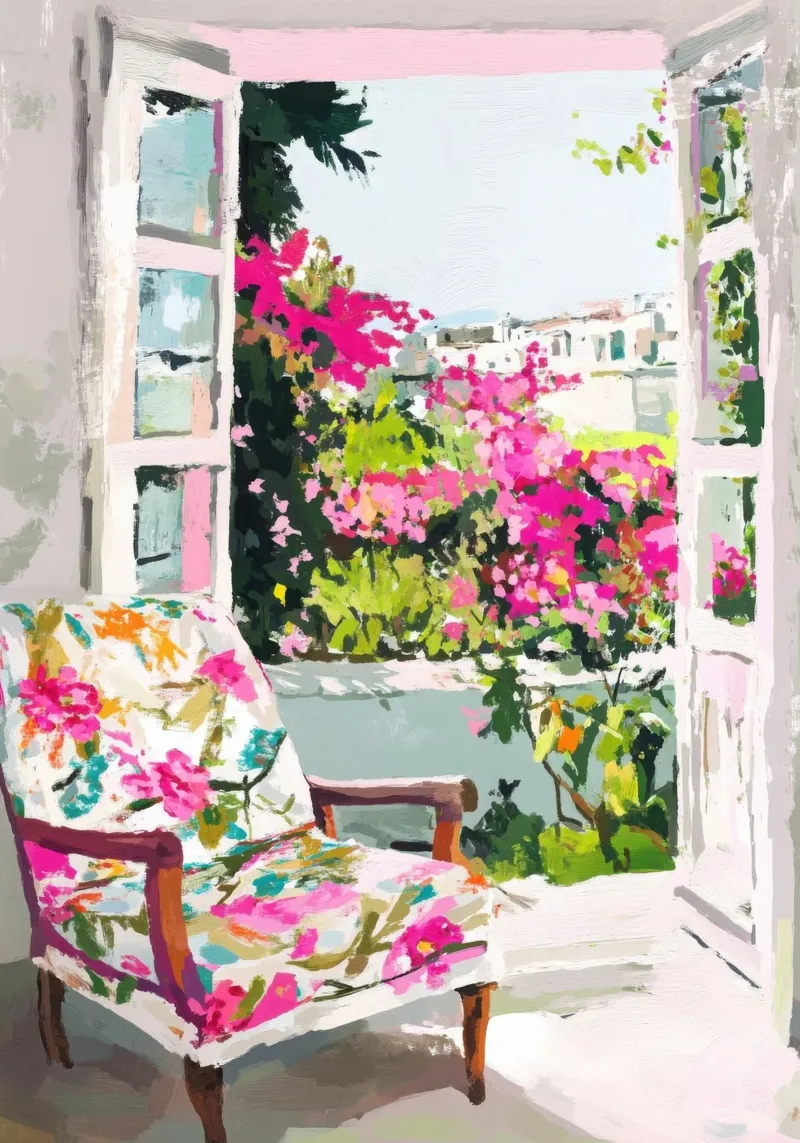 Parisian window view with bougainvillea canvas by Nikis Art Studio