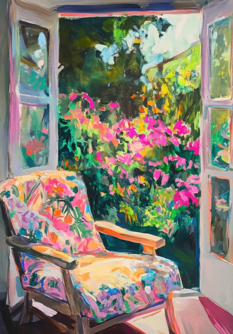 Armchair by the window with flower garden view canvas by Nikis Art Studio