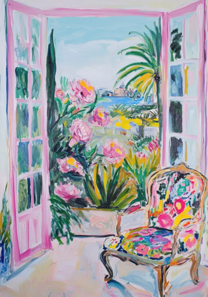 Porte rosa aperte con vista mare e fiori pellicola backlit da Nikis Art Studio