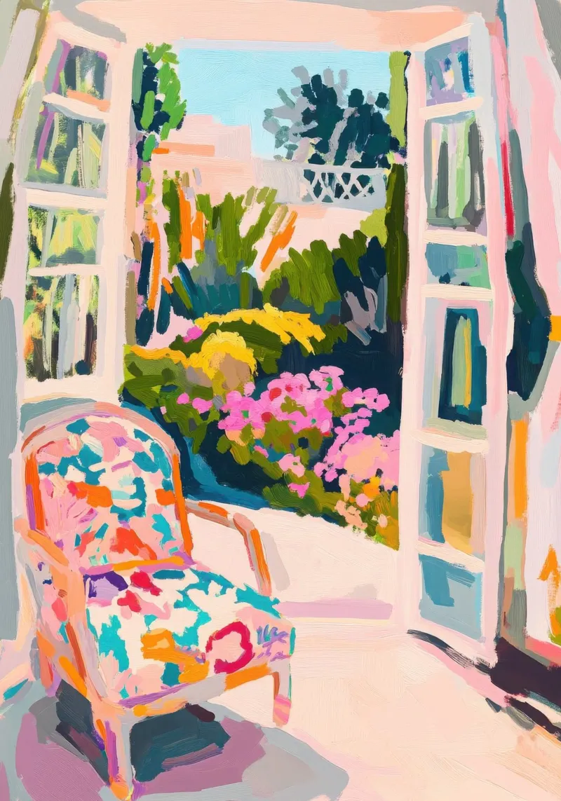 Armchair in front of open doors to the garden poster by Nikis Art Studio