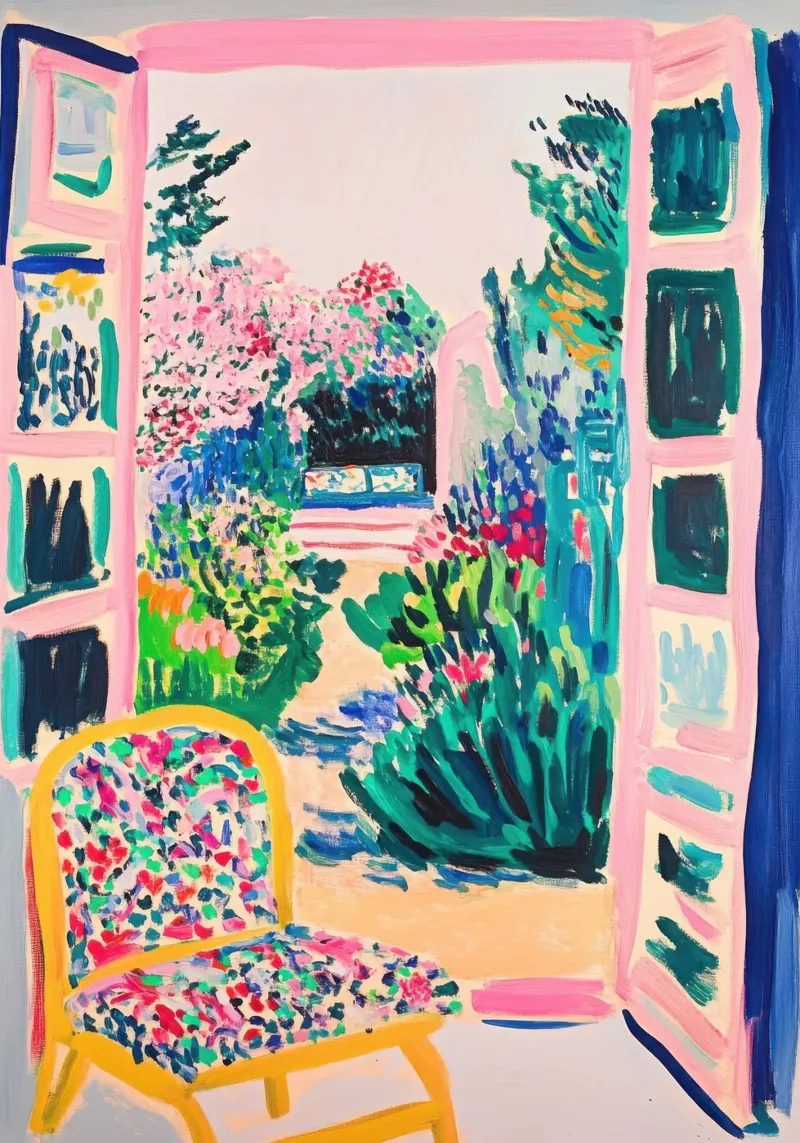 Colourful garden view through the open window canvas by Nikis Art Studio
