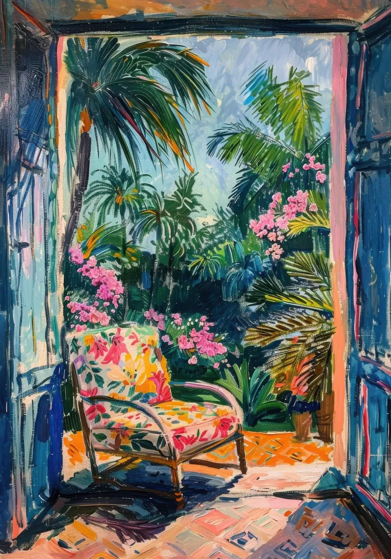 Vue sur le jardin tropical à travers une porte ouverte hahnemühle de Nikis Art Studio