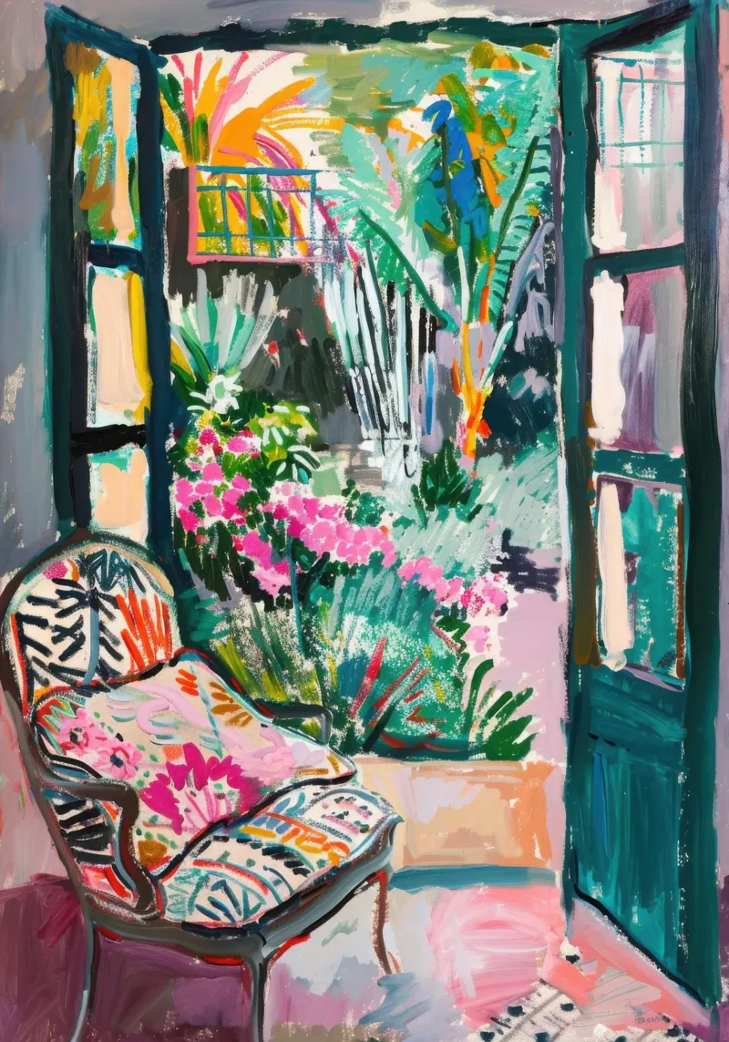 Porta aperta sul giardino tropicale poster con telaio in legno da Nikis Art Studio