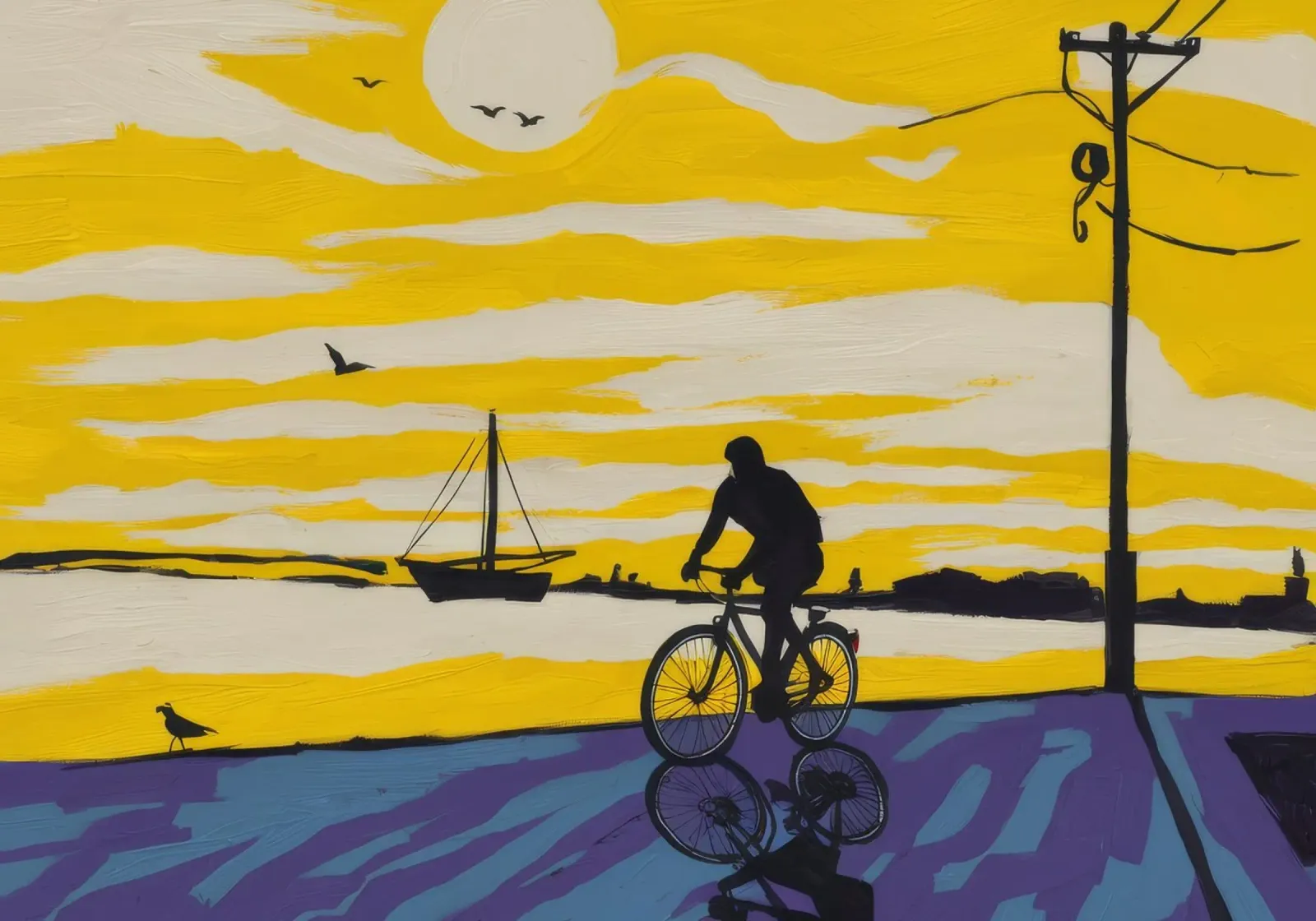 Viaggio ciclista al crepuscolo poster con telaio in plastica da Silk Palette