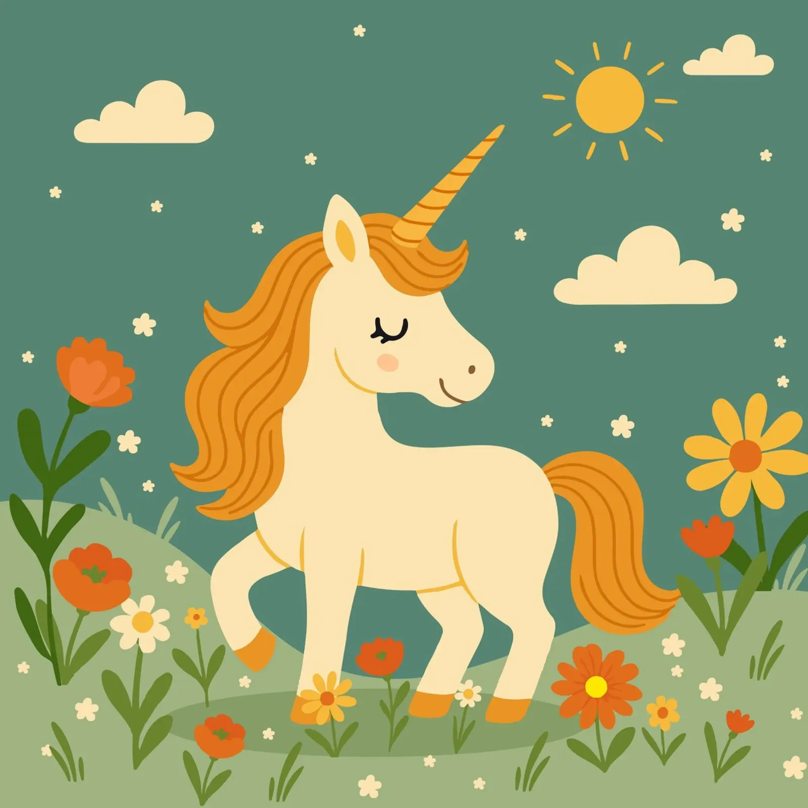 Unicornio en un prado de flores - Alegre escena con sol metacrilato de namosh