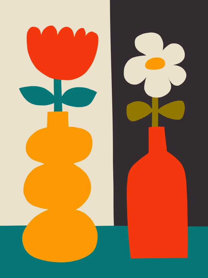 Kleurrijke Mid Century Moderne Vazen Kunstprint Minimalistisch canvas met Baklijst van THE MOTIVATED TYPE
