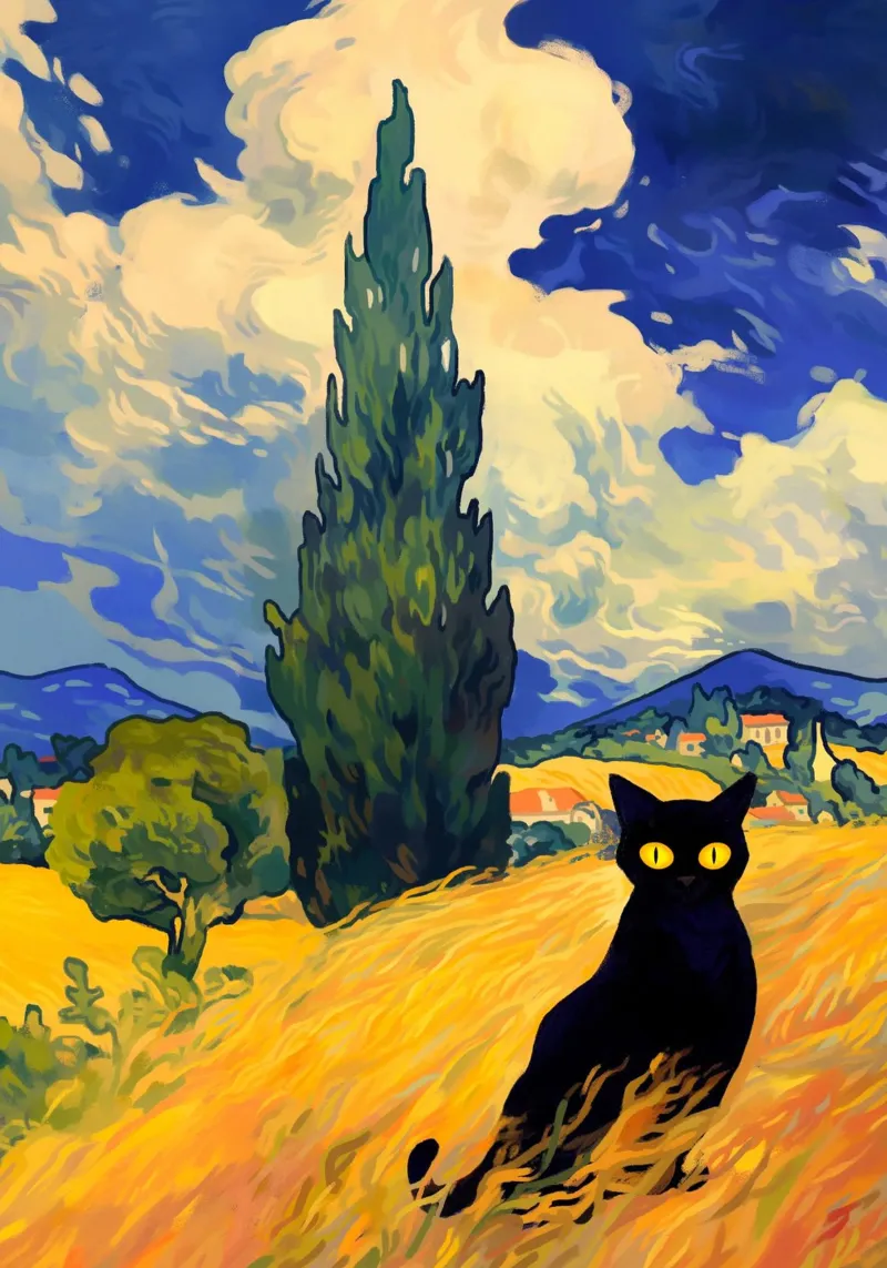 Chat noir dans un champ de blé hahnemühle de Fleur de Lys