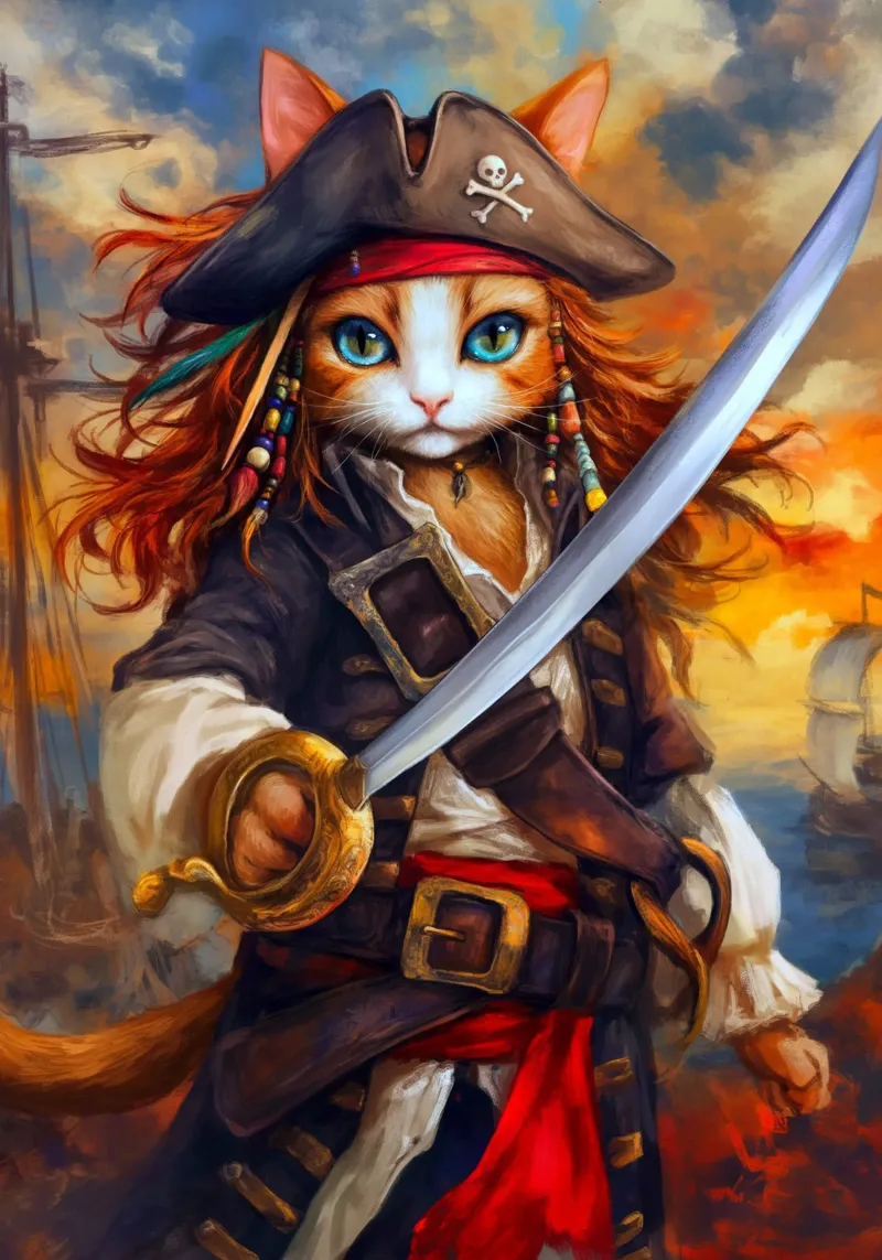Pirati dei Caraibi Capitano Gatto con spada alluminio dibond da Fleur de Lys