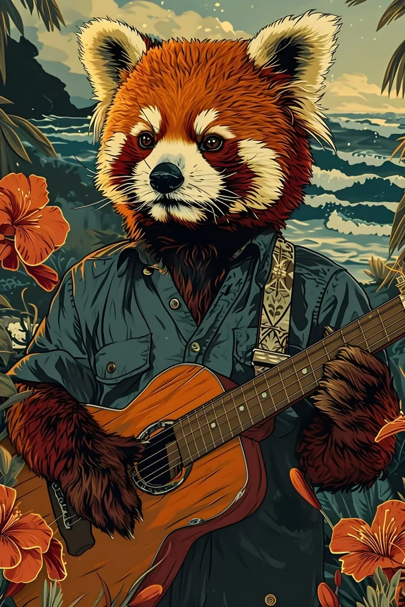 Roter Panda mit Gitarre am Strand pellicola backlit da WILD ART
