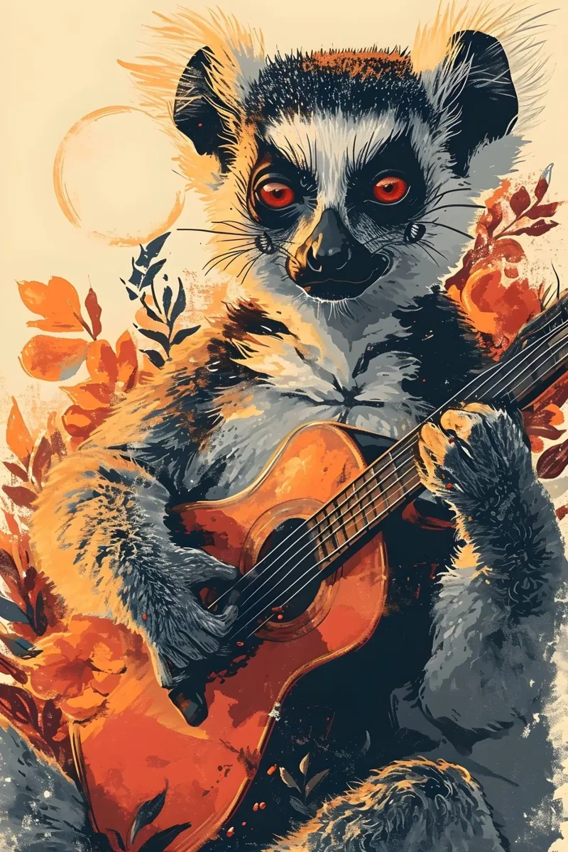 Lemur mit Gitarre am Strand carta hahnemühle da WILD ART