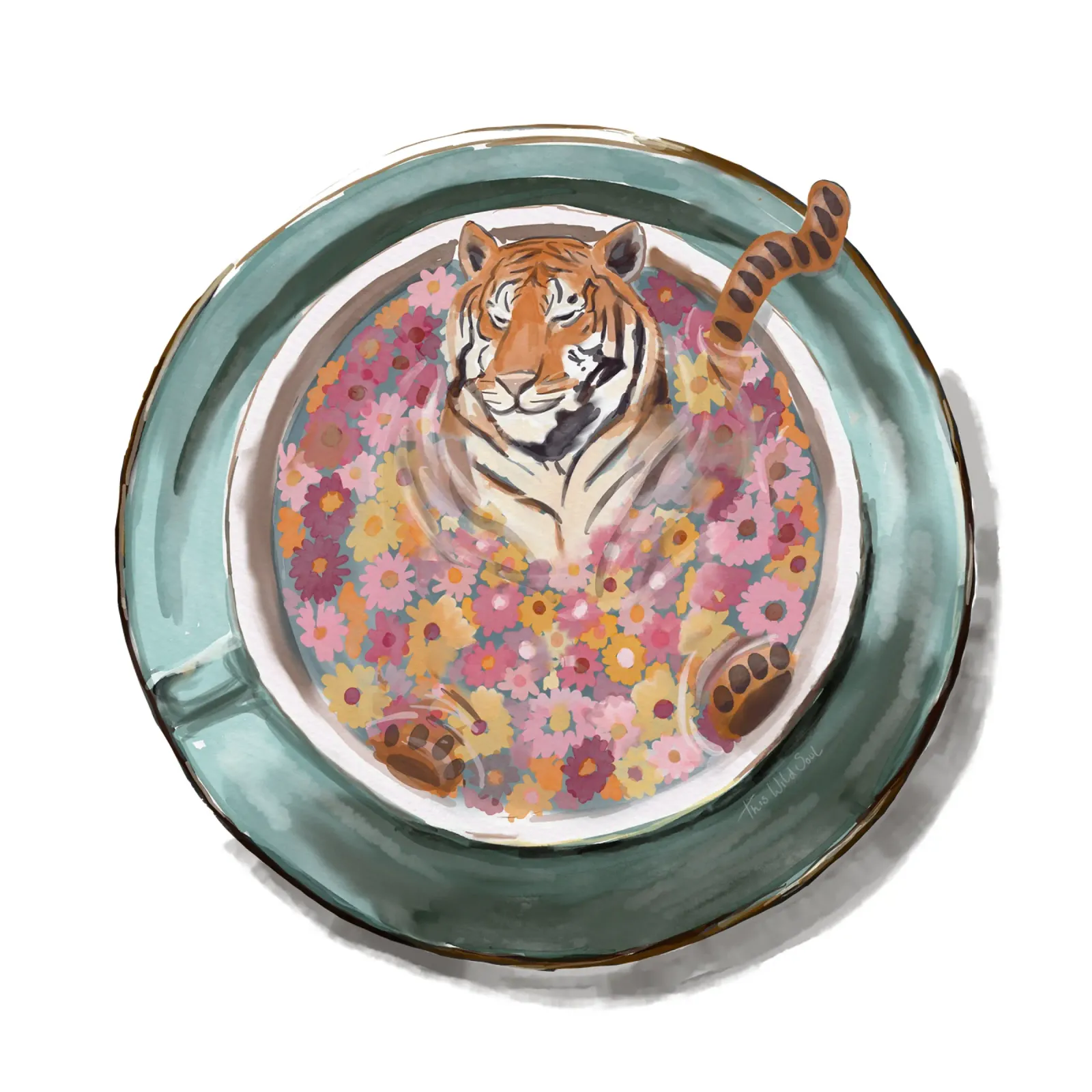 Bain de tigre / nage dans une tasse de thé Fleurs de bain boho magic poster avec cadre en plastique de This Wild Soul - Illustration