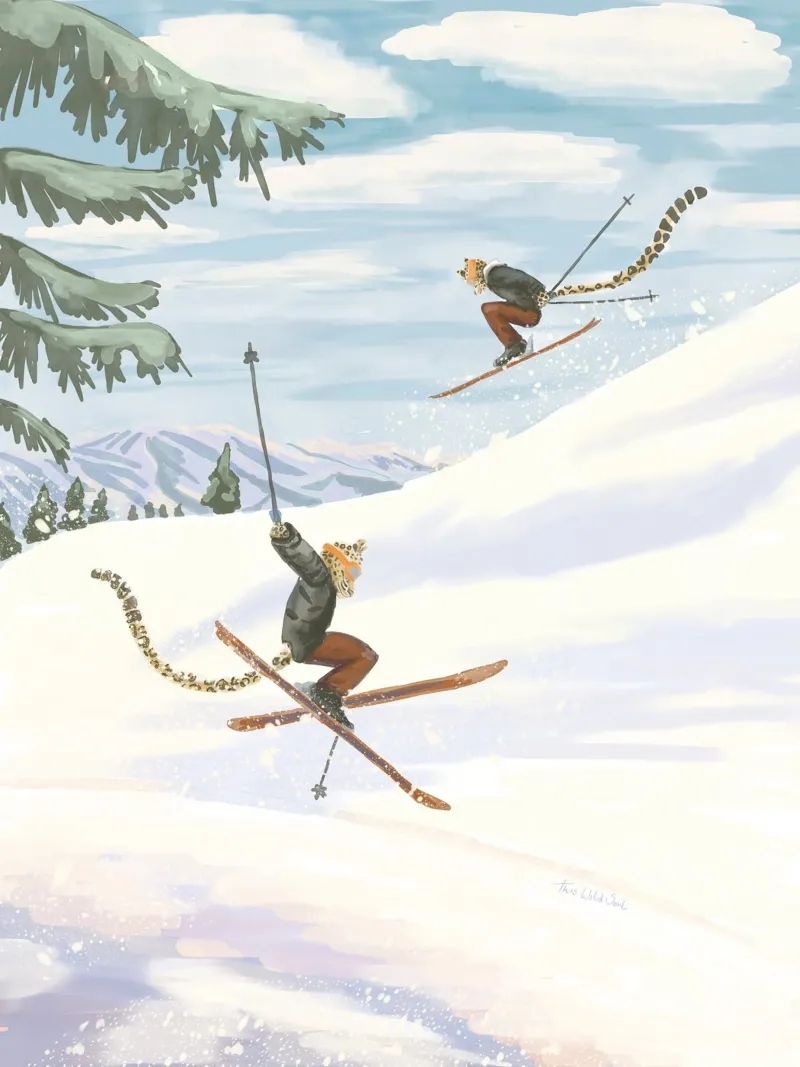 Whimsical playful pastel colour Leopard Skiing in mountains canvas with Floater frame by This Wild Soul - Illustration
