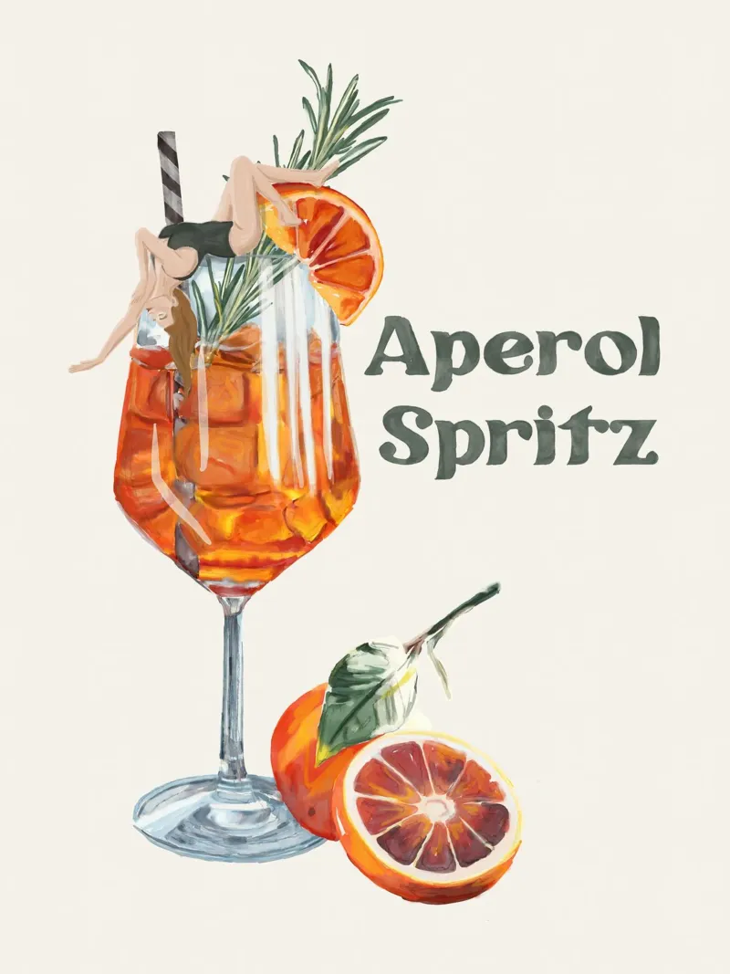 Aperol Spritz Drink Fun Retro Cocktail Lady Glass Watercolor poster with wooden frame by This Wild Soul - Illustration