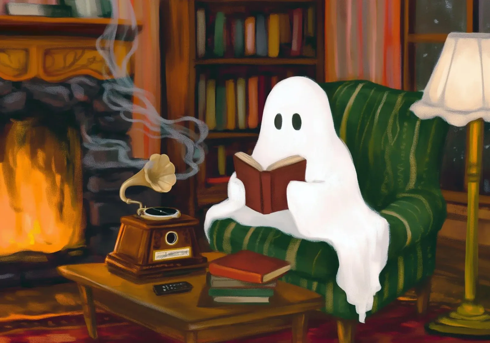 Libro di lettura Halloween Spooky Ghost di Fireplace poster da Fleur de Lys