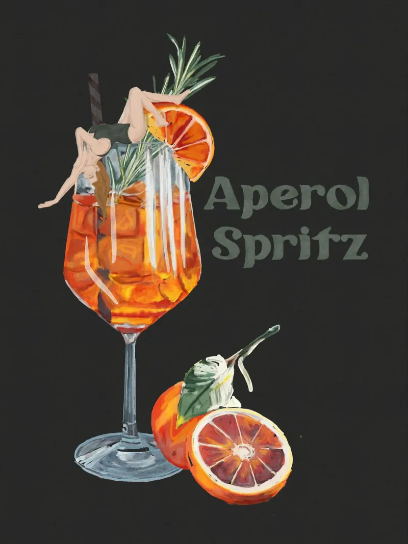 Aperol Spritz black retro vintage lady in cocktail glass poster with wooden frame by This Wild Soul - Illustration