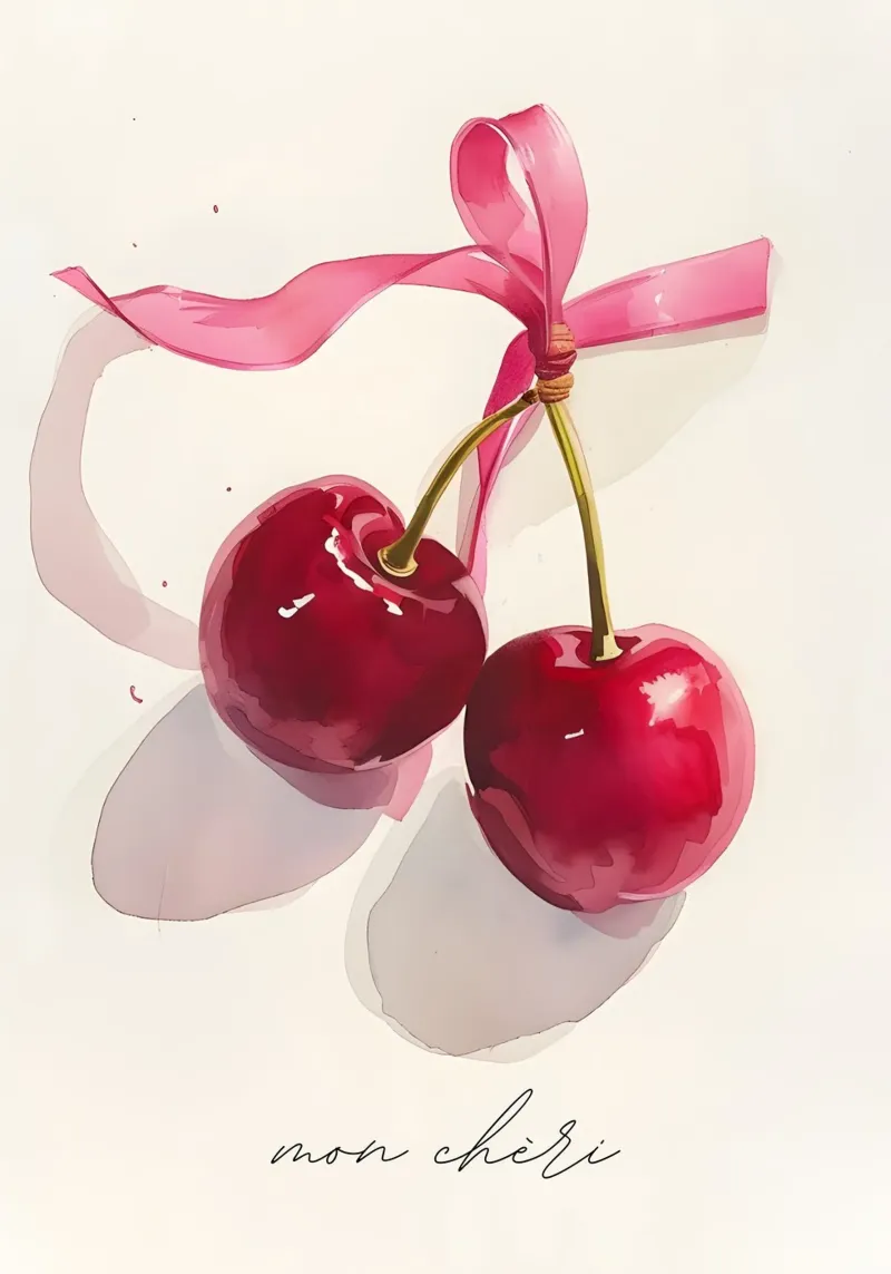 "Mon Chéri" Cherries Watercolor | Romantic Fruit Art Print poster with plastic frame by NorwesClub