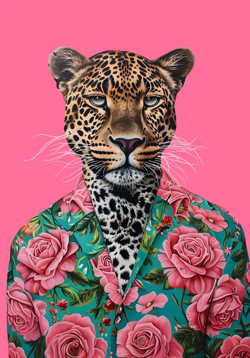 Dapper Leopard in Roses | Pop Art Animal Portrait Print metacrilato de NorwesClub