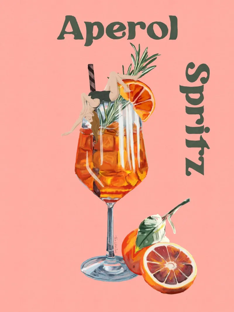 Aperol Spritz Hot Coral Pink Girl in Cocktail glass oranges poster with wooden frame by This Wild Soul - Illustration