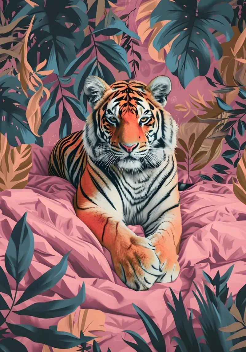 Tigre majestueux dans la jungle tropicale rose | Pop Art Print hahnemühle de NorwesClub
