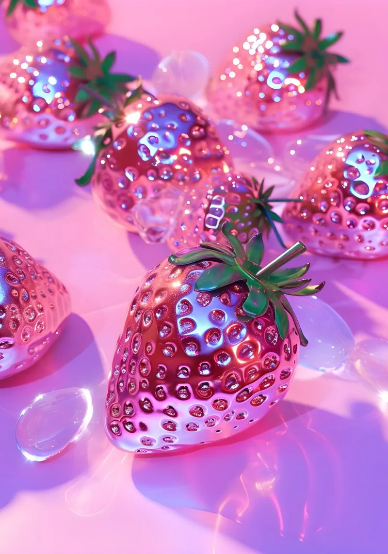 Metallic Roze Aardbeien | Chrome Glam Pop Art Print canvas van NorwesClub