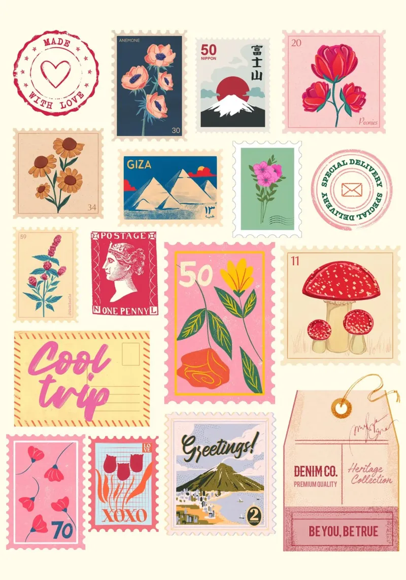 Collage di francobolli d'epoca e di estetiche floreali e di viaggio retrò Prin pellicola backlit da NorwesClub