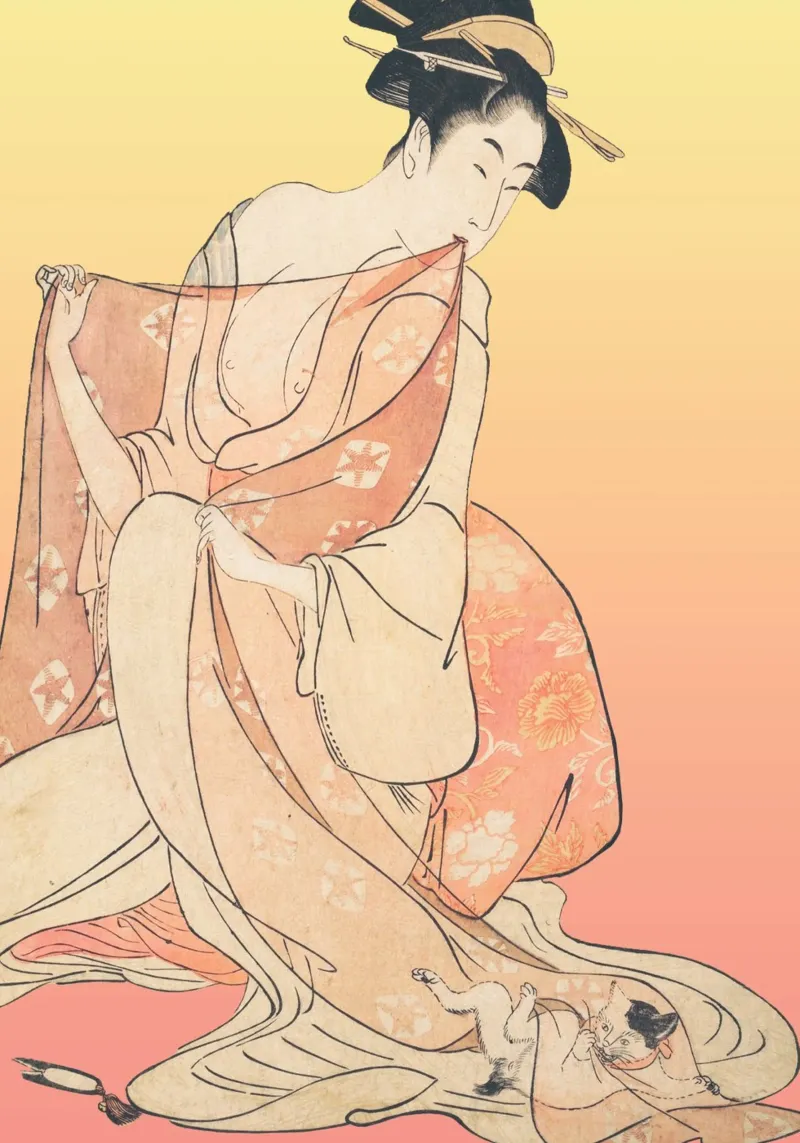 Kimono Cuddle | Press Play Art Print Remix | Donna con gatto pellicola backlit da Press Play Art Prints